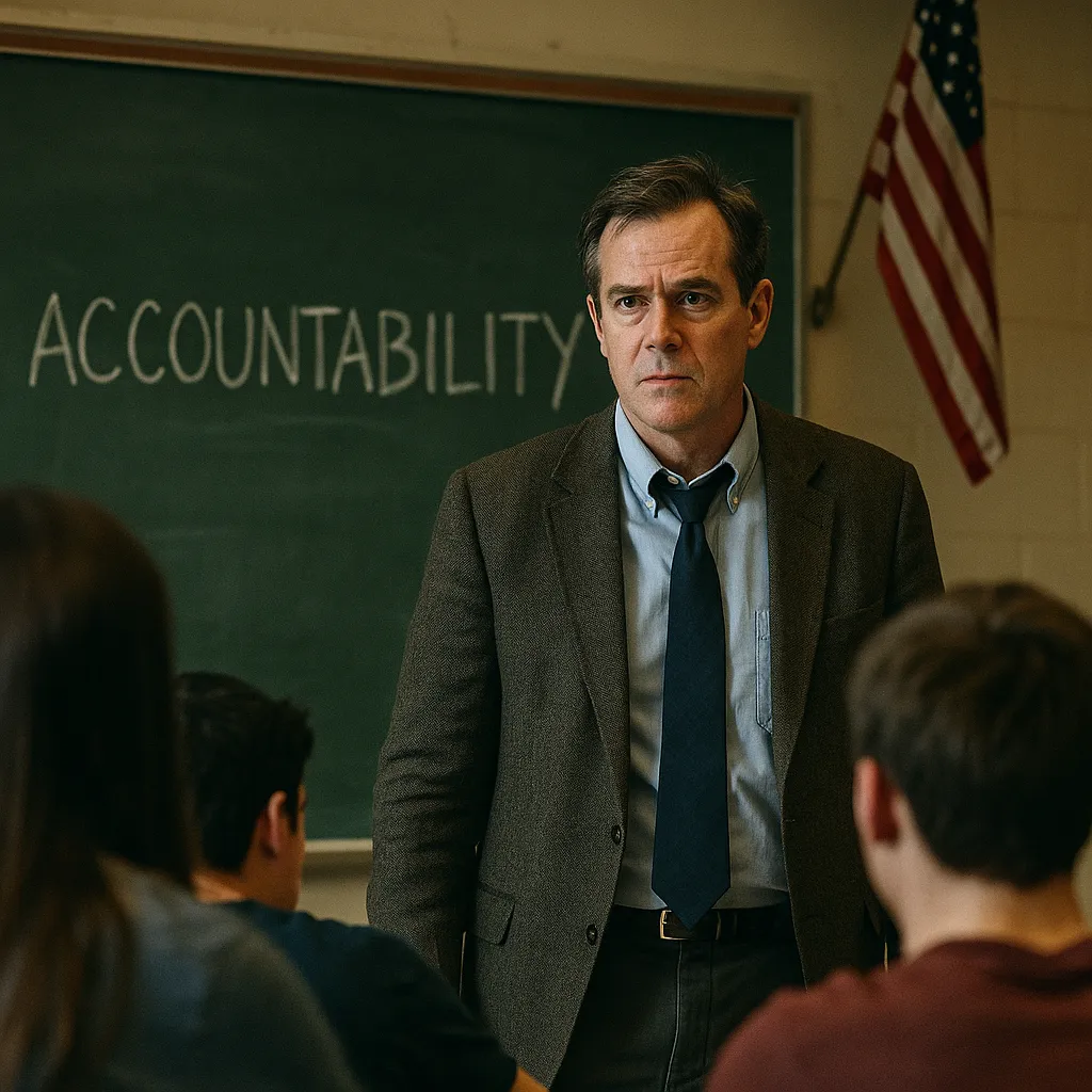 A photograph captures a middle-aged male teacher standing in front of a chalkboard with "ACCOUNTABILITY" written on it, facing a classroom of students.
