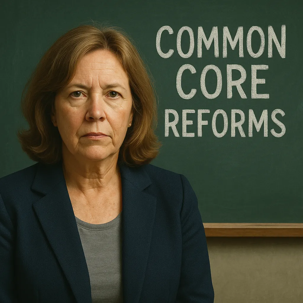A photograph features a middle-aged Caucasian woman standing in front of a chalkboard with the words "COMMON CORE REFORMS" written in white chalk.