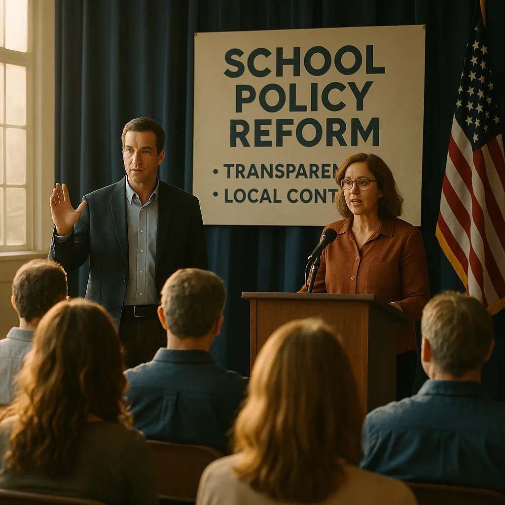 A community meeting in a school auditorium with two speakers discussing education reform, viewed by a diverse audience under warm lighting.
